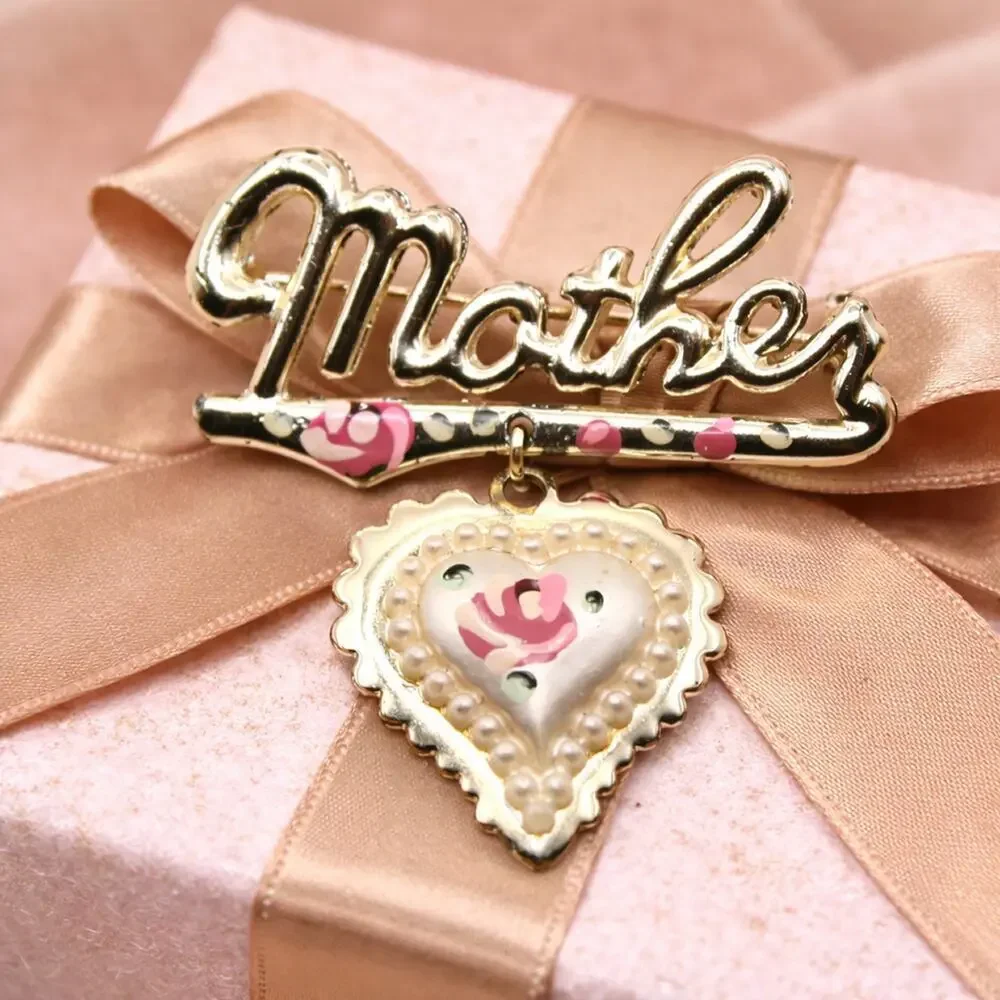 Vintage Mother Script Pin w Dangling Heart Charm Hand Painted Flowers - Hey Viv